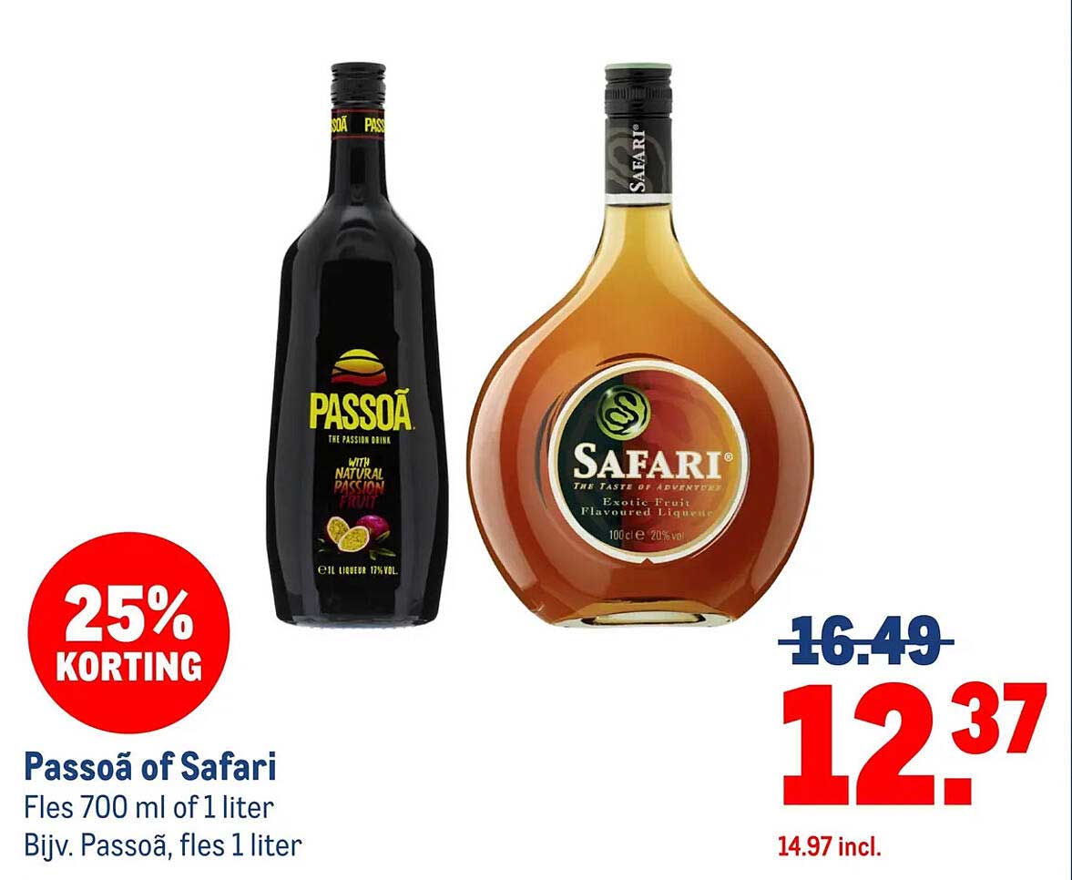 Passoã of Safari Fles 700 ml of 1 liter Bijv. Passoã, fles 1 liter 25% KORTING