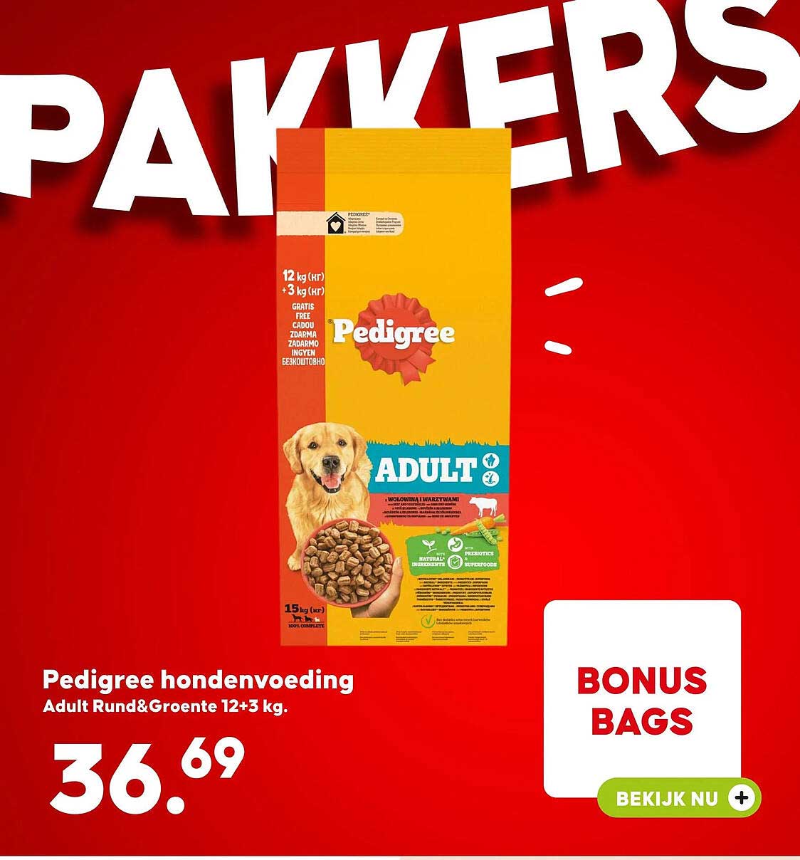 Pedigree hondenvoeding Adult Rund&Groente 12+3 kg.