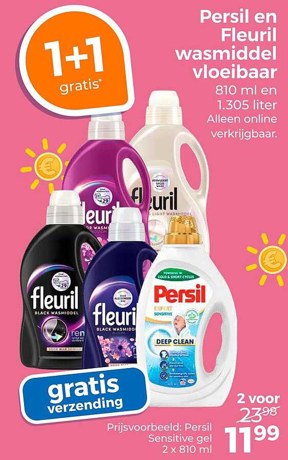 Persil en Fleuril wasmiddel vloeibaar 810 ml en 1.305 liter 1+1 gratis