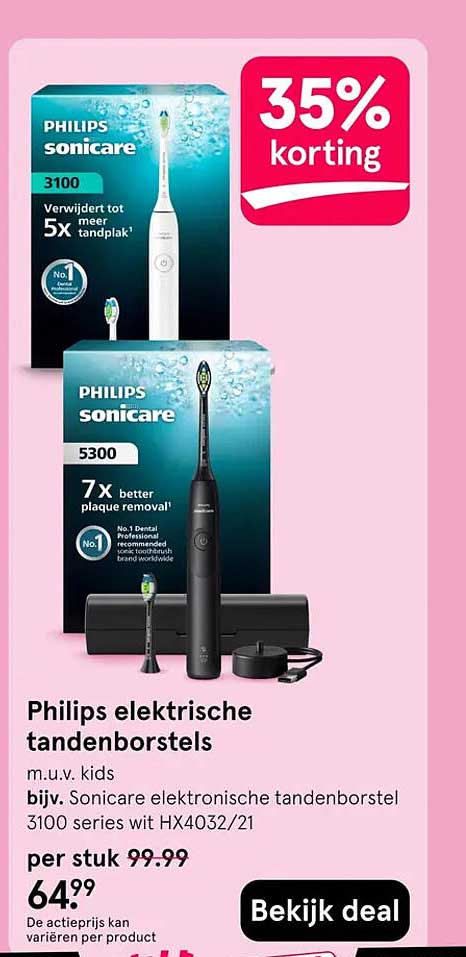 Philips elektrische tandenborstels m.u.v. kids bijv. Sonicare elektronische tandenborstel 3100 series wit HX4032/21 35% korting