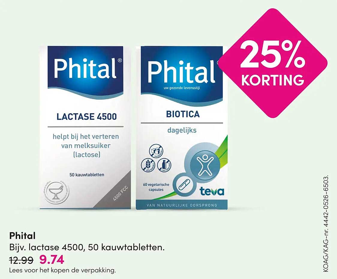 Phital Bijv. lactase 4500, 50 kauwtabletten. 25% KORTING