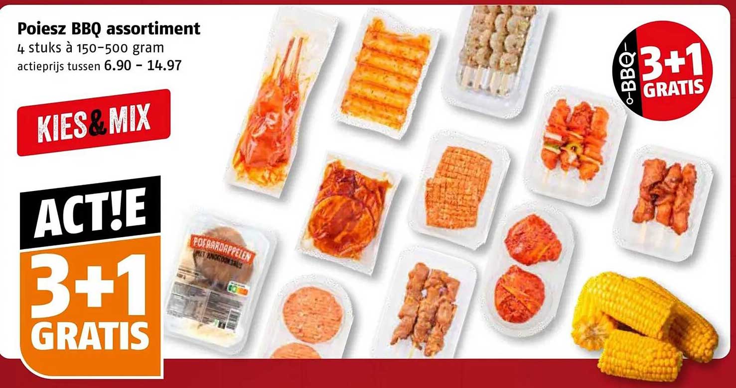 Poiesz BBQ assortiment 4 stuks à 150–500 gram 3+1 gratis