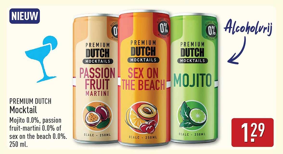PREMIUM DUTCH Mocktail Mojito 0.0%, passion fruit-martini 0.0% of sex on the beach 0.0%. 250 ml.