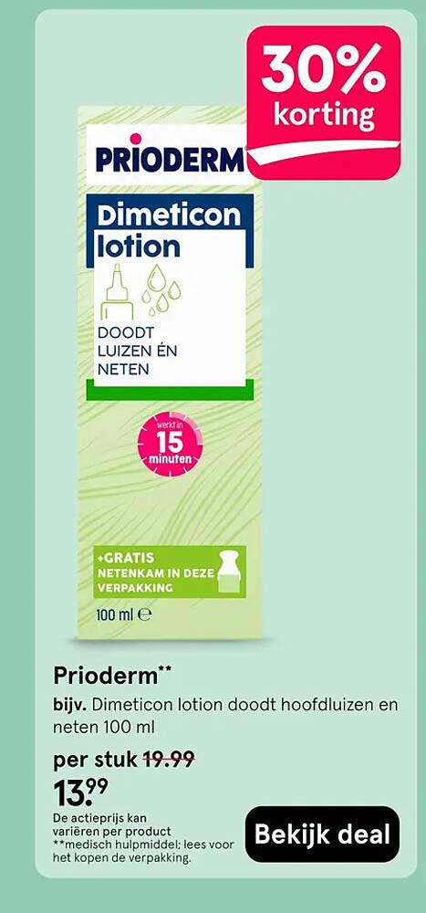 Prioderm bijv. Dimeticon lotion doodt hoofdluizen en neten 100 ml 30% korting