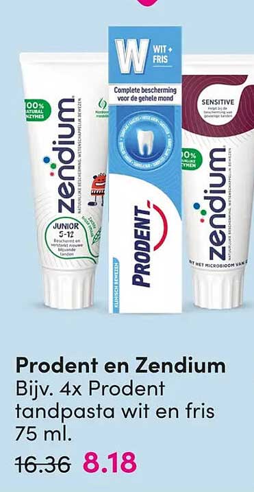 Prodent en Zendium Bijv. 4x Prodent tandpasta wit en fris 75 ml.