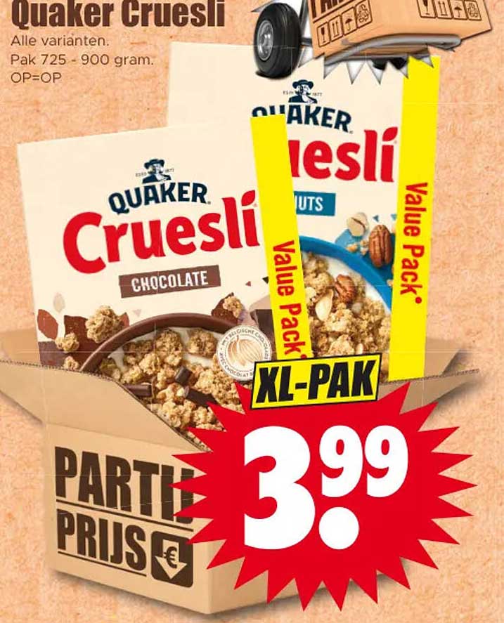 Quaker Cruesli Alle varianten. Pak 725 - 900 gram. OP=OP XL-PAK