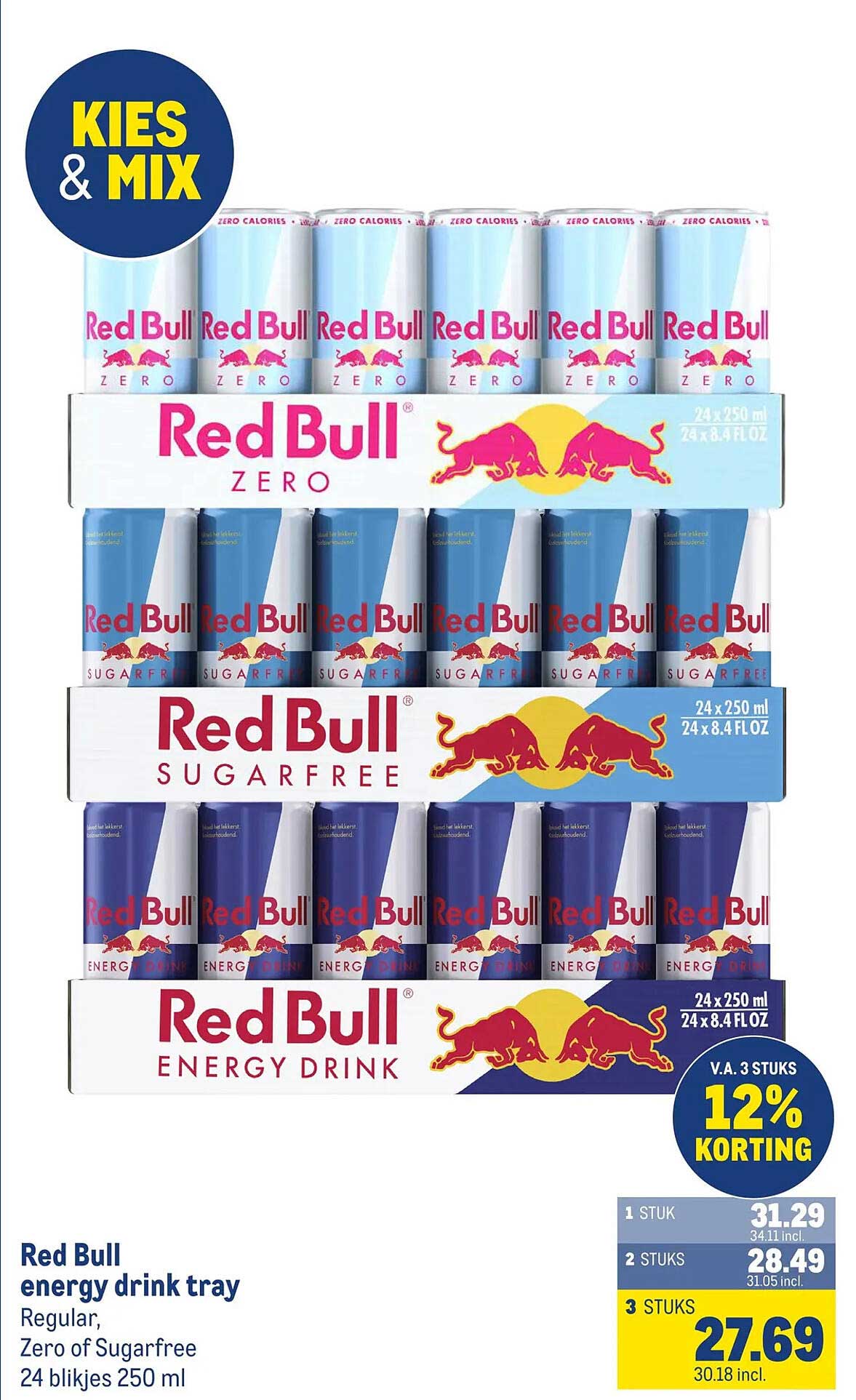 Red Bull energy drink tray Regular, Zero of Sugarfree 24 blikjes 250 ml V.A. 3 STUKS 12% KORTING