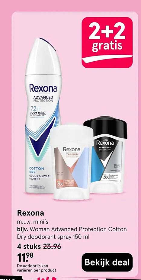 Rexona m.u.v. mini’s bijv. Woman Advanced Protection Cotton Dry deodorant spray 150 ml 2+2 gratis