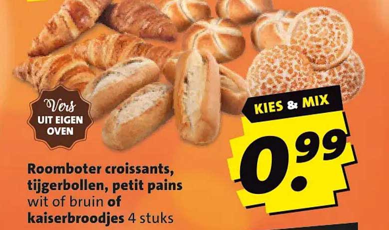 Roomboter croissants, tijgerbollen, petit pains wit of bruin of kaiserbroodjes 4 stuks KIES & MIX
