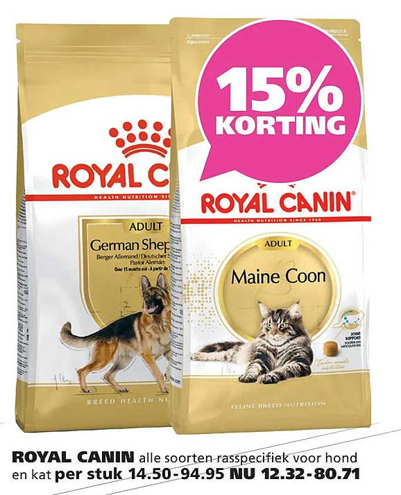 ROYAL CANIN alle soorten rassespecifiek voor hond en kat 15% KORTING
