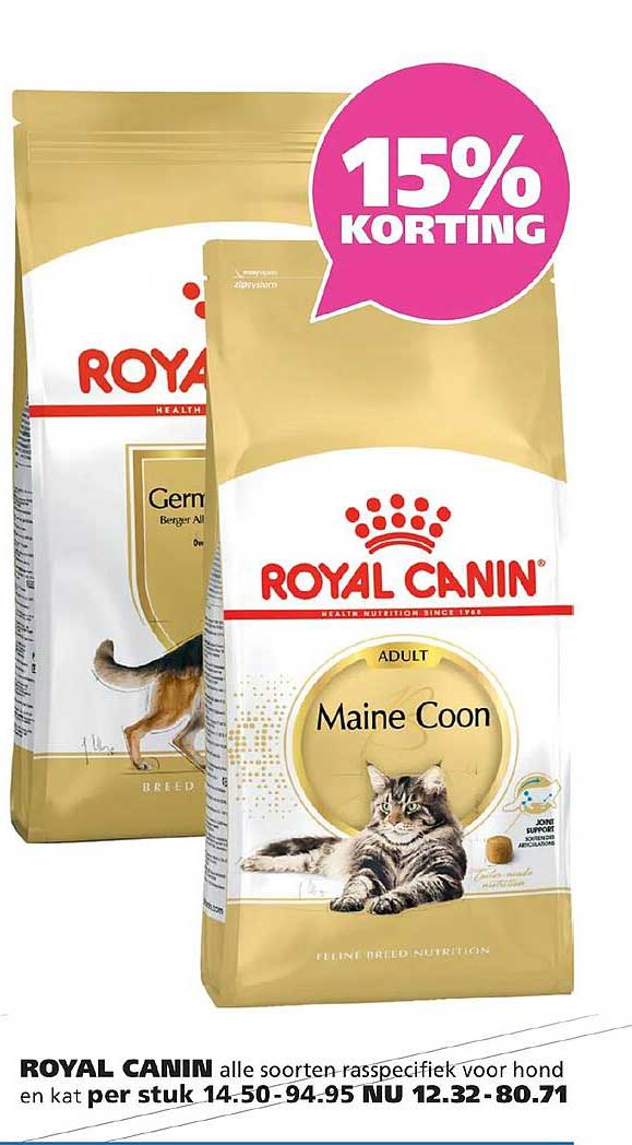 ROYAL CANIN alle soorten rasspecifiek voor hond en kat 15% KORTING