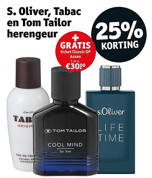 S. Oliver, Tabac en Tom Tailor herengeur + GRATIS ticket Classic GP Assen t.w.v. €30,00 25% KORTING