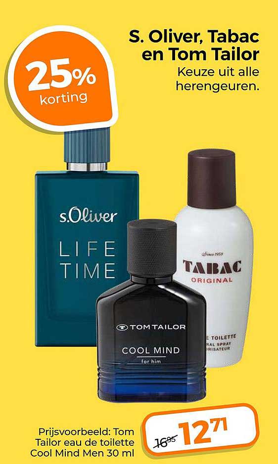 S. Oliver, Tabac en Tom Tailor Keuze uit alle heren geuren 25% korting