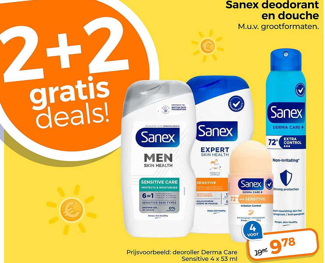 Sanex deodorant en douche M.u.v. grootformaten. 2+2 gratis deals!