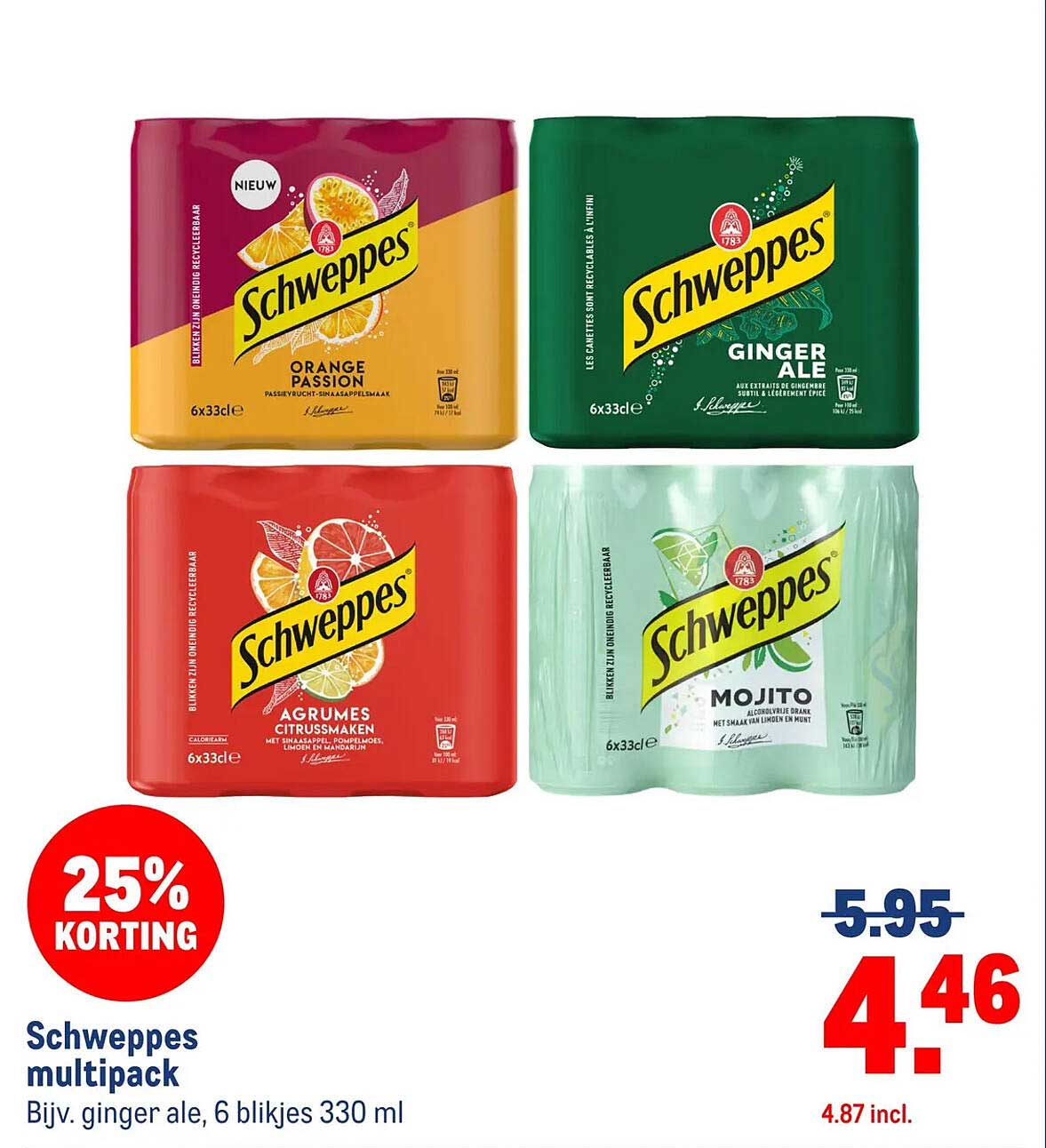 Schweppes multipack, Bijv. ginger ale, 6 blikjes 330 ml 25% korting