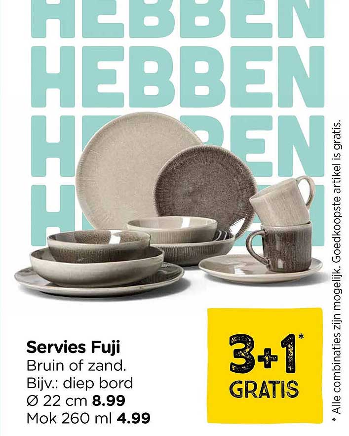 Servies Fuji Bruin of zand. Bijv.: diep bord Ø 22 cm 3+1 GRATIS