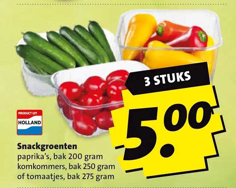 Snackgroenten paprika’s, bak 200 gram komkommers, bak 250 gram of tomaatjes, bak 275 gram 3 STUKS