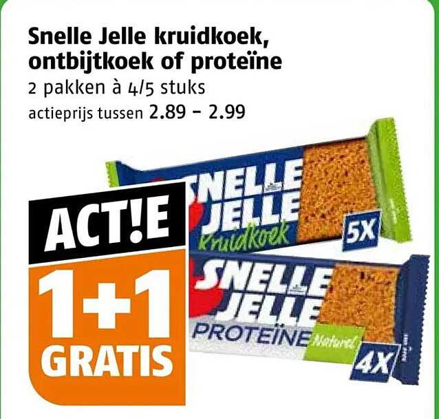 Snelle Jelle kruidkoek, ontbijtkoek of proteïne 2 pakken à 4/5 stuks 1+1 gratis
