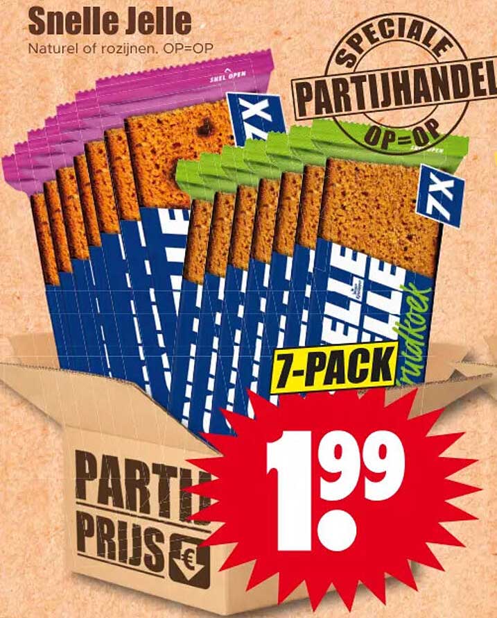 Snelle Jelle Naturel of rozijnen. OP=OP Speciale Partijhandel 7-pack malkoek