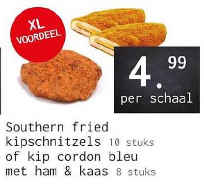 Southern fried kipschnitzels 10 stuks of kip cordon bleu met ham & kaas 8 stuks