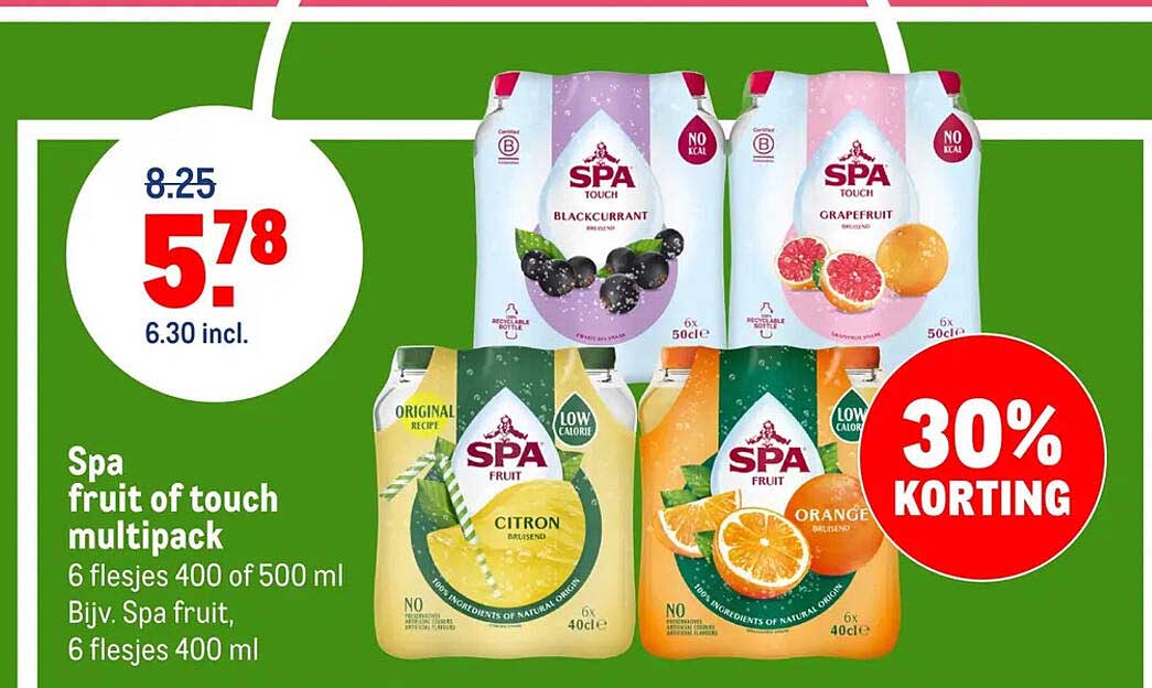 Spa fruit of touch multipack 6 flesjes 400 of 500 ml 30% KORTING