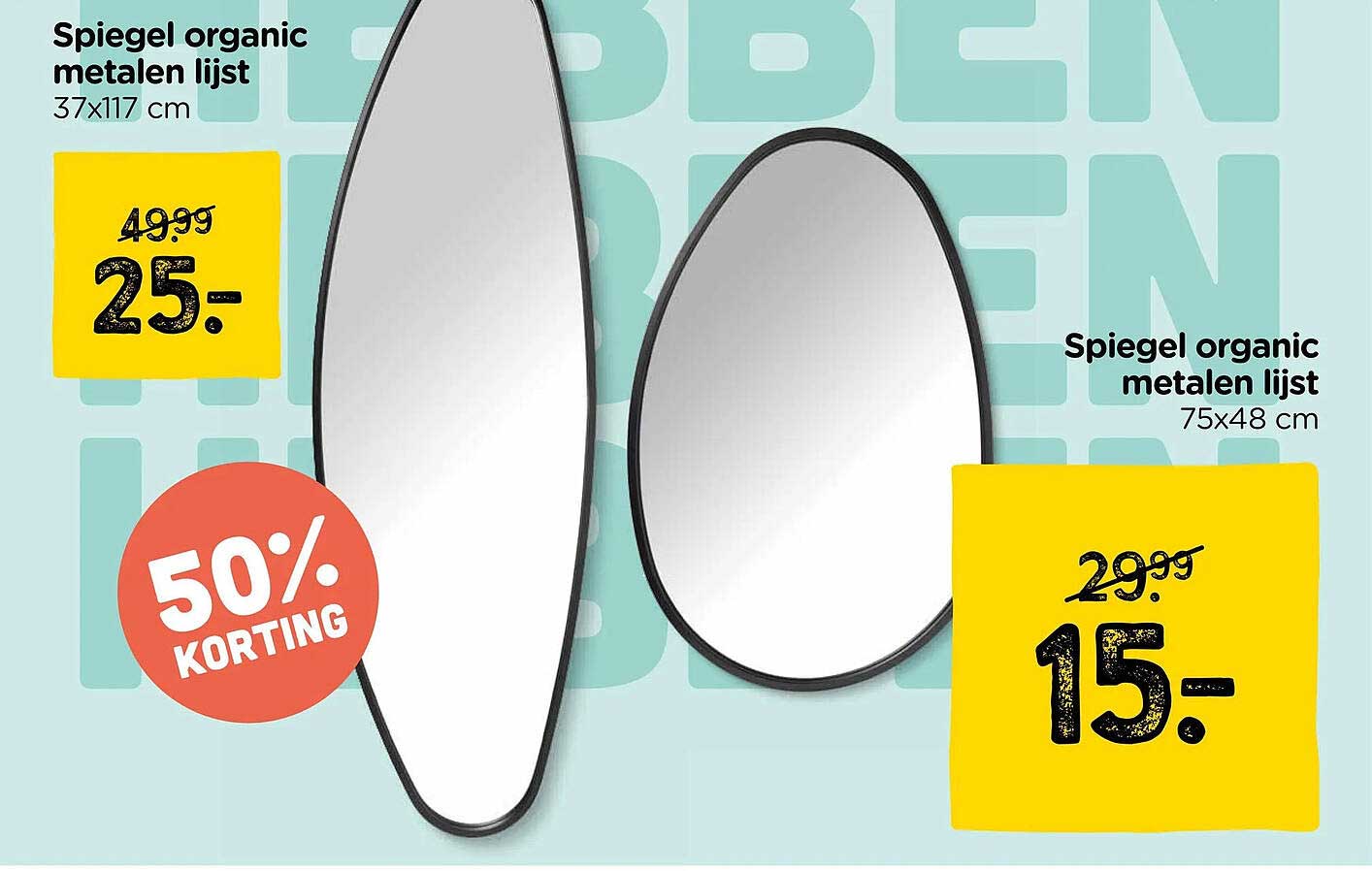 Spiegel organic metalen lijst 37x117 cm 50% korting