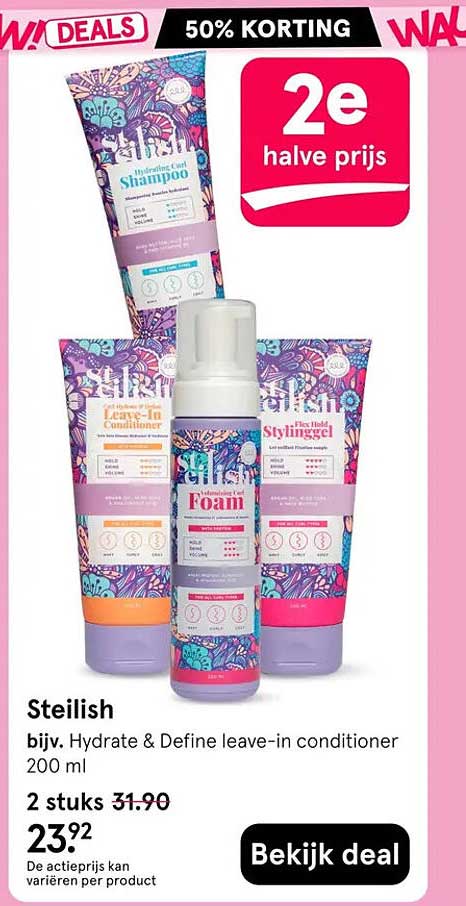 Steilish, bijv. Hydrate & Define leave-in conditioner 200 ml 2e halve prijs