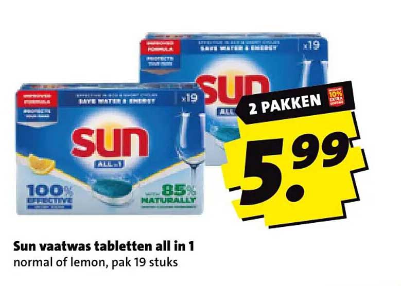 Sun vaatwastabletten all in 1 normal of lemon, pak 19 stuks 2 pakken