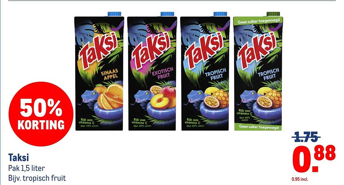 Taksi Pak 1,5 liter Bijv. tropisch fruit 50% korting