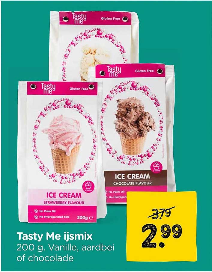 Tasty Me ijsmix 200 g. Vanille, aardbei of chocolade