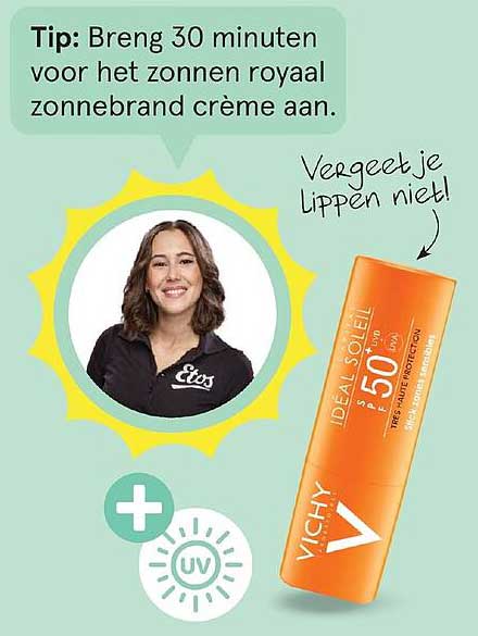 Tip: Breng 30 minuten voor het zonnen royaal zonnebrand crème aan. Vergeet je lippen niet!