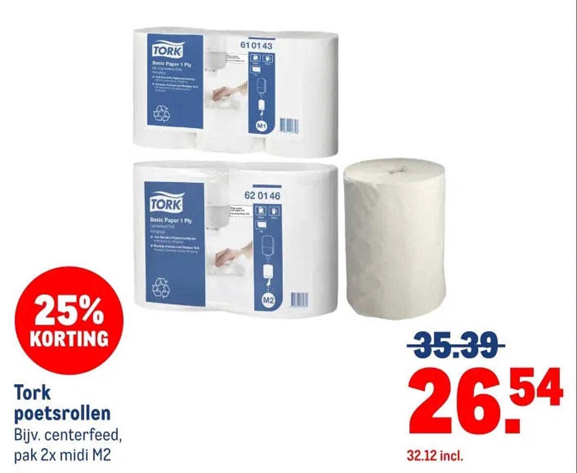 Tork poetsrollen Bijv. centerfeed, pak 2x midi M2 25% korting