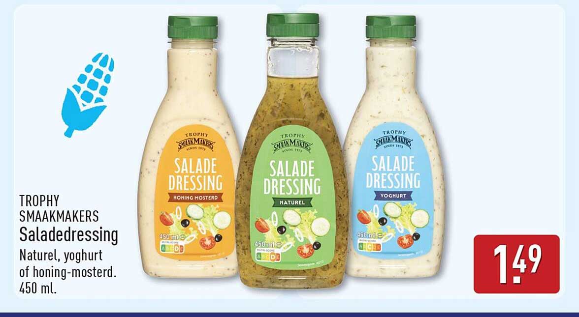 TROPHY SMAAKMAKERS Saladedressing Naturel, yoghurt of honing-mosterd. 450 ml.