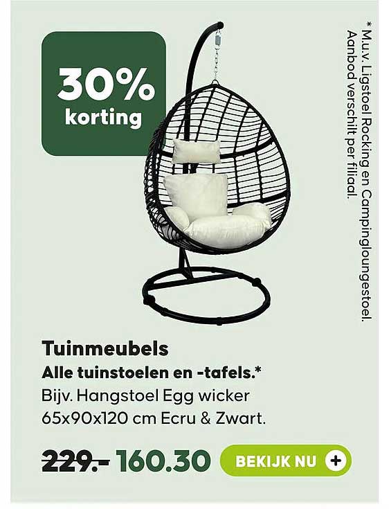 Tuinmeubels Alle tuinstoelen en -tafels. Bijv. Hangstoel Egg wicker 65x90x120 cm Ecru & Zwart. 30% korting