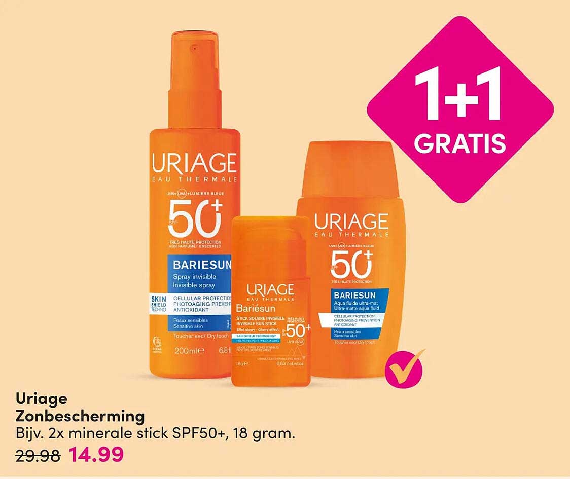 Uriage Zonnebescherming Bijv. 2x minerale stick SPF50+, 18 gram. 1+1 GRATIS