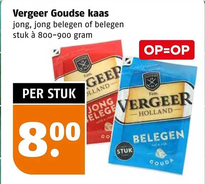 Vergeer Goudse kaas jong, jong belegen of belegen stuk à 800-900 gram OP=OP