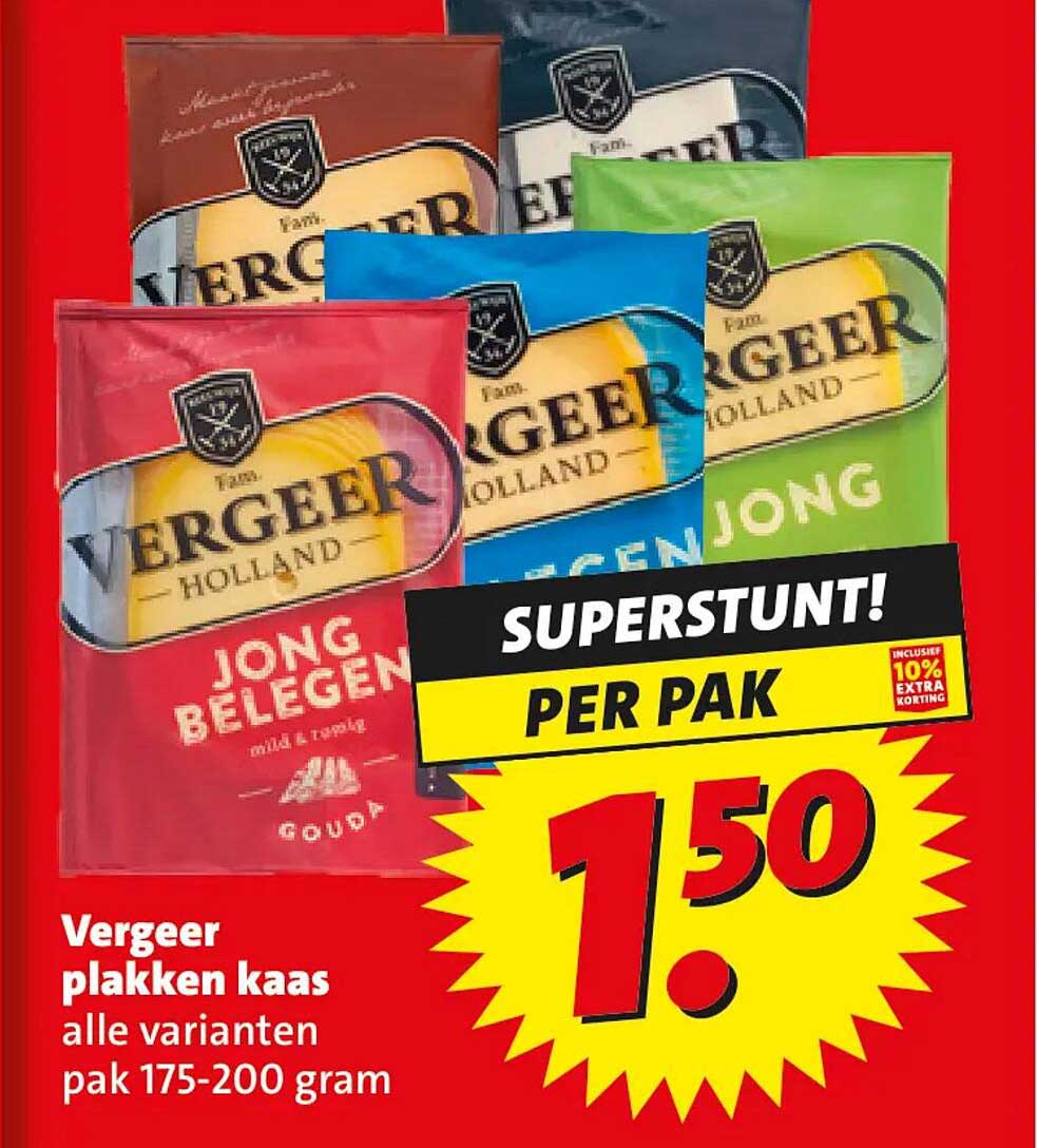 Vergeer plakken kaas alle varianten pak 175-200 gram SUPERSTUNT! PER PAK inclusief 10% extra korting