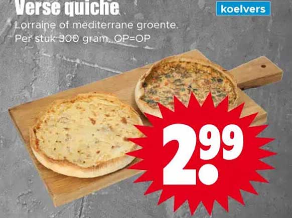 Verse quiche Lorraine of mediterrane groente. Per stuk 300 gram. OP=OP koelvers