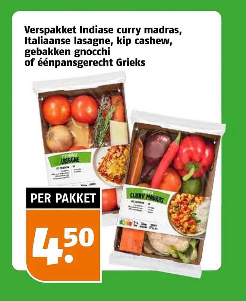 Verspakket Indiase curry madras, Italiaanse lasagne, kip cashew, gebakken gnocchi of éénpansgerecht Grieks