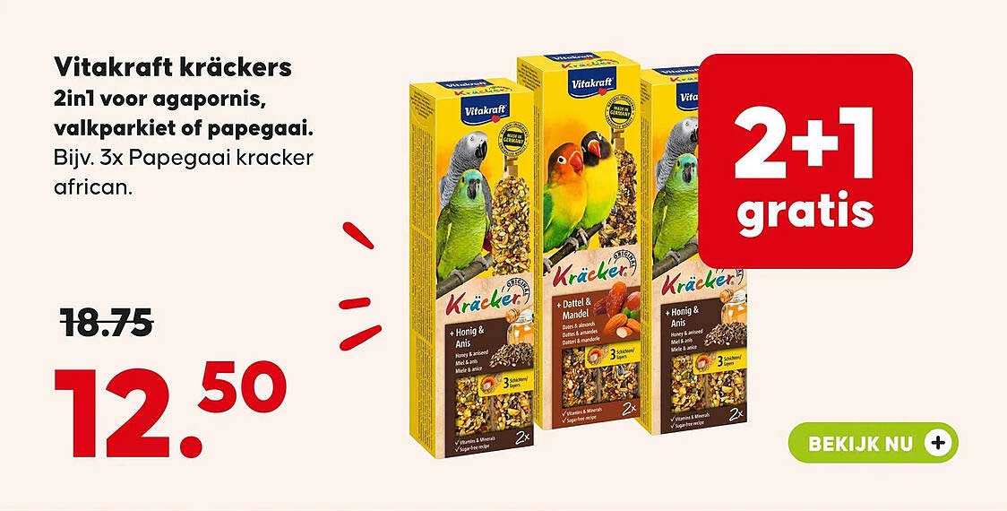 Vitakraft kräckers 2in1 voor agapornis, valkparkiet of papegaai. Bijv. 3x Papegaai kracker african. 2+1 gratis