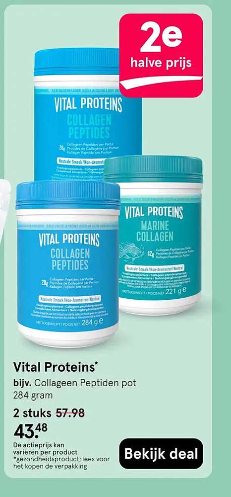 Vital Proteins bijv. Collageen Peptiden pot 284 gram 2e halve prijs