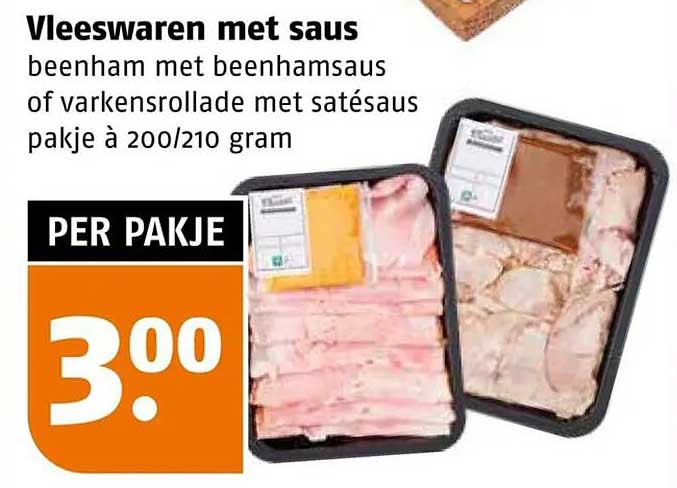 Vleeswaren met saus beenham met beenhamsaus of varkensrollade met satésaus pakje à 200/210 gram