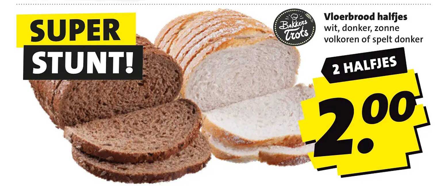 Vloerbrood halfjes wit, donker, zonne volkoren of spelt donker 2 HALFJES