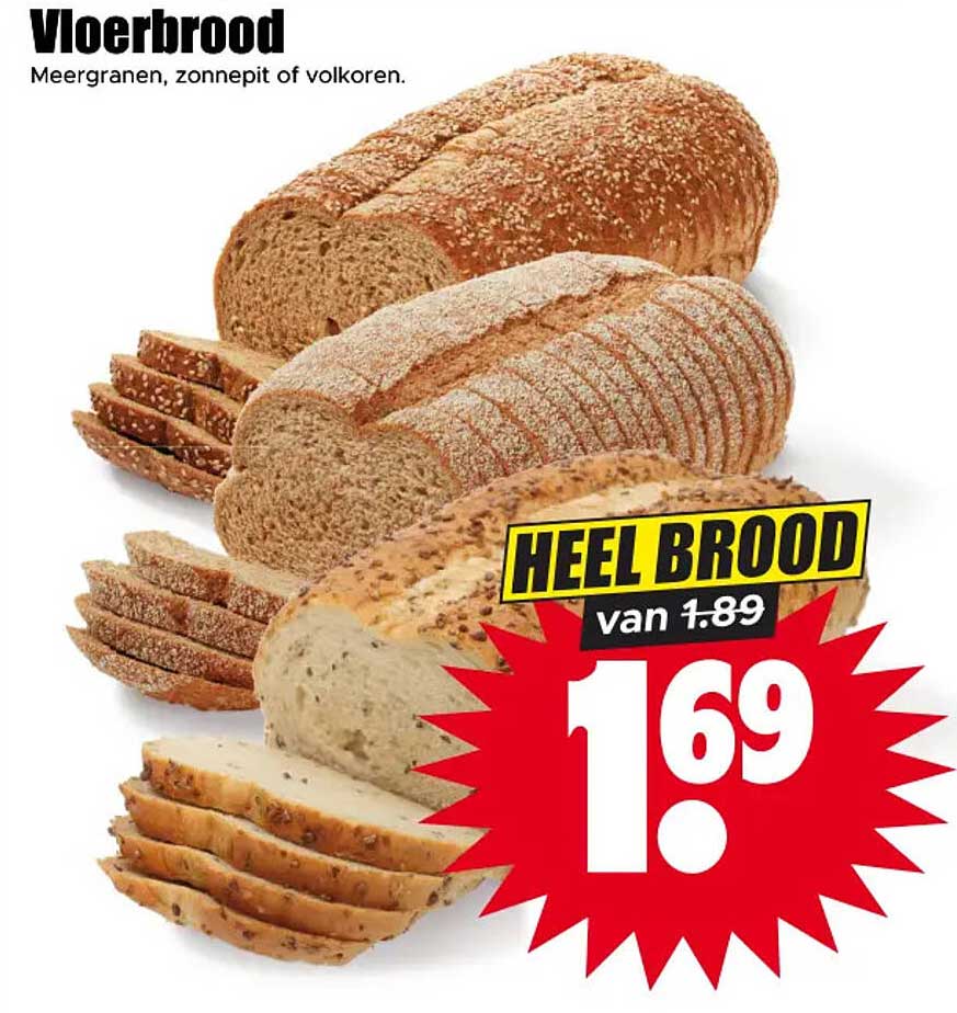 Vloerbrood Meergranen, zonnebloempit of volkoren HEEL BROOD