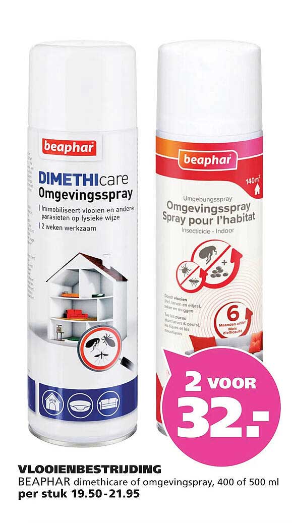 Vlooienbestrijding Beaphar dimethicare of omgevingsspray, 400 of 500 ml 2 voor 32,-
