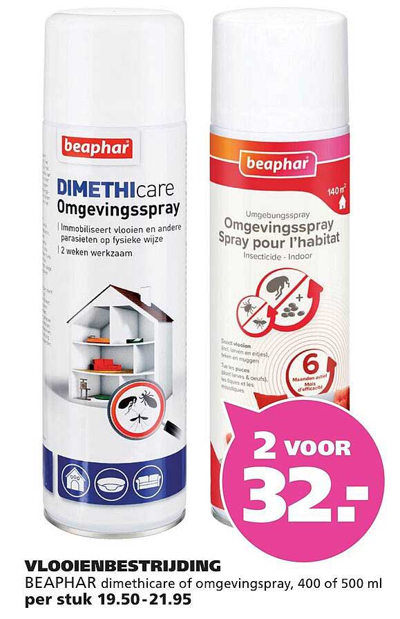Vlooienbestrijding BEAPHAR dimethicare of omgevingsspray, 400 of 500 ml 2 voor 32.-