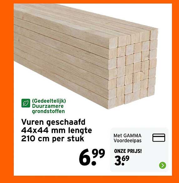 Vuren geschaafd 44x44 mm lengte 210 cm per stuk