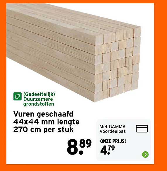 Vuren geschaafd 44x44 mm lengte 270 cm per stuk