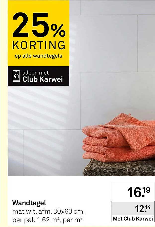 Wandtegel mat wit, afm. 30x60 cm, per pak 1.62 m², per m²