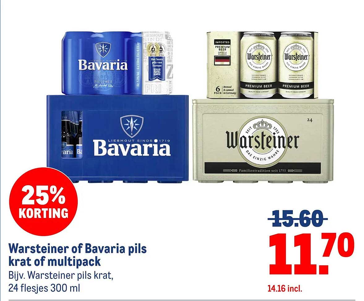 Warsteiner of Bavaria pils krat of multipack 25% KORTING